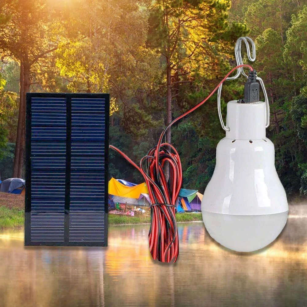 Solární závěsná LED žárovka – přenosné světlo s panelem, výdrž až 6 hodin